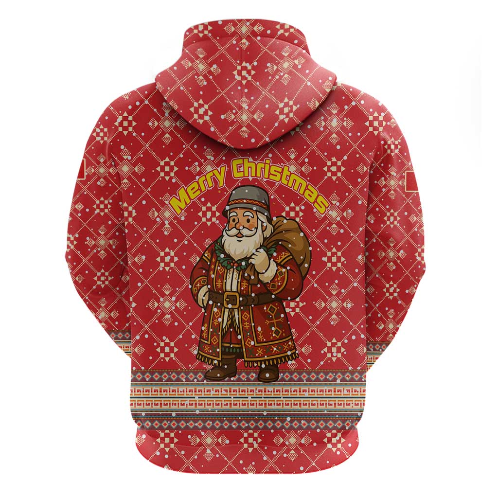 Macedonia Christmas Hoodie with Traditional Santa and Yellow Sun Motif - Wonder Print Shop