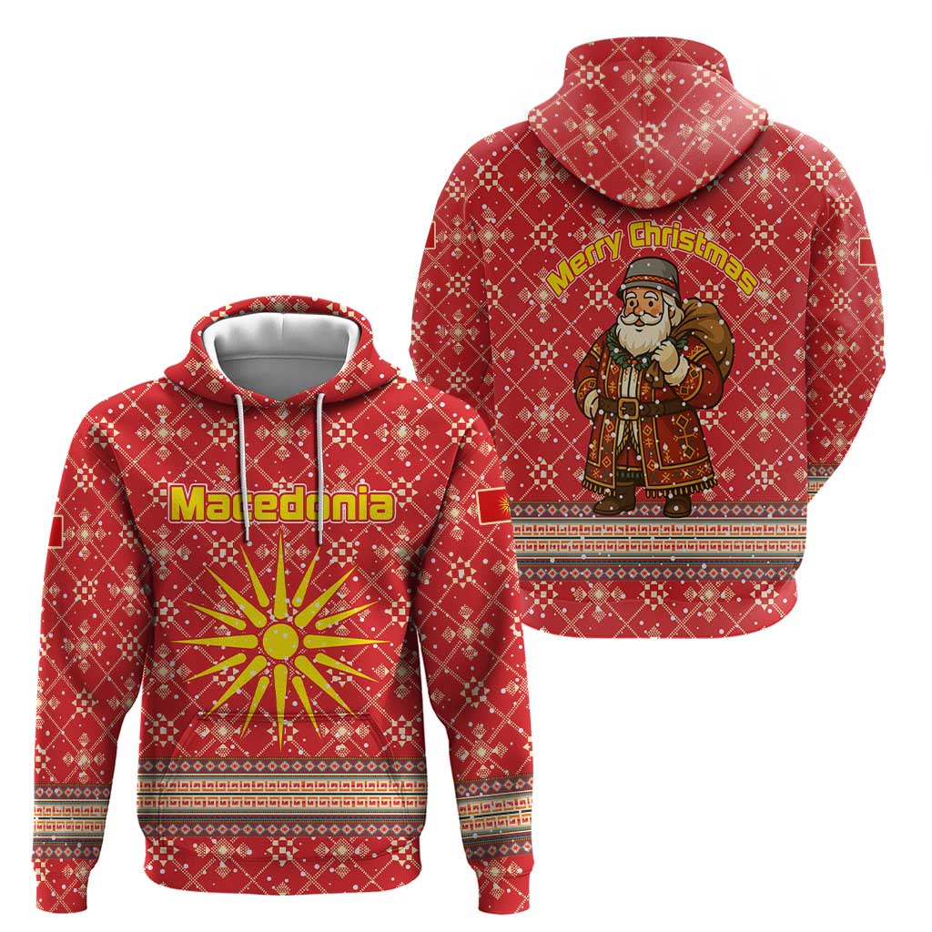 Macedonia Christmas Hoodie with Traditional Santa and Yellow Sun Motif - Wonder Print Shop