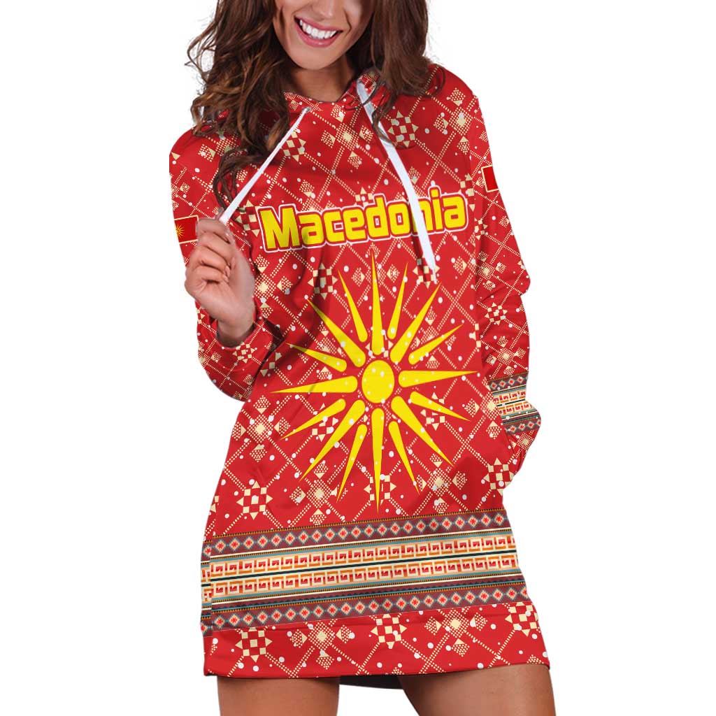 Macedonia Christmas Hoodie Dress with Traditional Santa and Yellow Sun Motif - Wonder Print Shop
