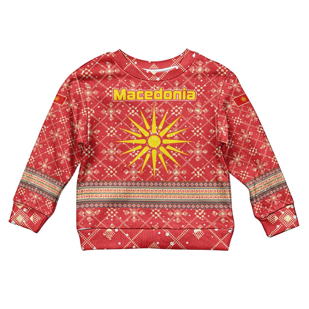 Macedonia Christmas Kid Ugly Christmas Sweater with Traditional Santa and Yellow Sun Motif - Wonder Print Shop