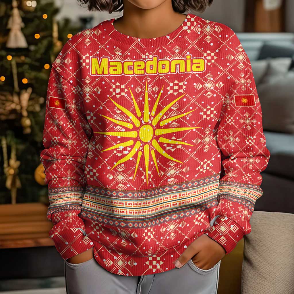 Macedonia Christmas Kid Ugly Christmas Sweater with Traditional Santa and Yellow Sun Motif - Wonder Print Shop