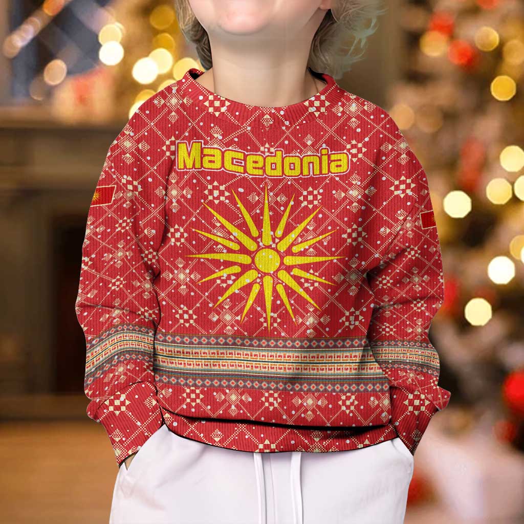 Macedonia Christmas Kid Ugly Christmas Sweater with Traditional Santa and Yellow Sun Motif - Wonder Print Shop