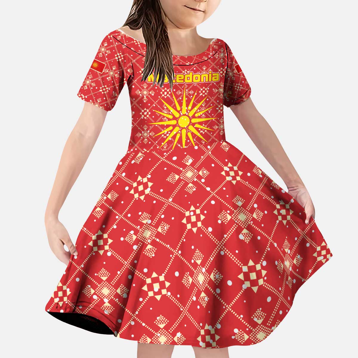 Macedonia Christmas Kid Short Sleeve Dress with Traditional Santa and Yellow Sun Motif - Wonder Print Shop