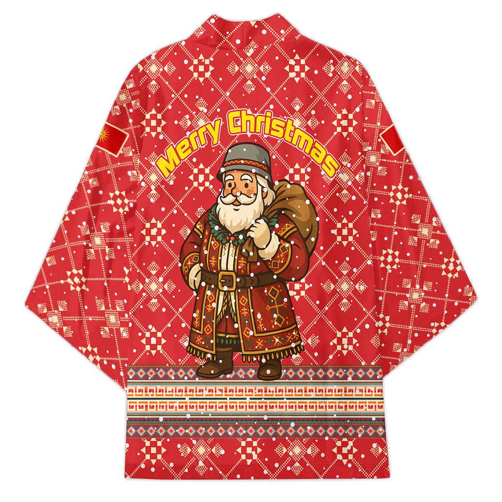 Macedonia Christmas Kimono with Traditional Santa and Yellow Sun Motif - Wonder Print Shop