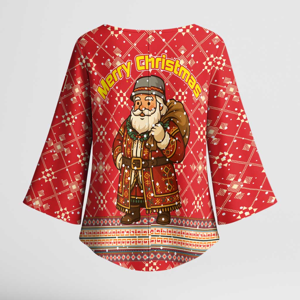 Macedonia Christmas Kimono Sleeve Blouse with Traditional Santa and Yellow Sun Motif - Wonder Print Shop