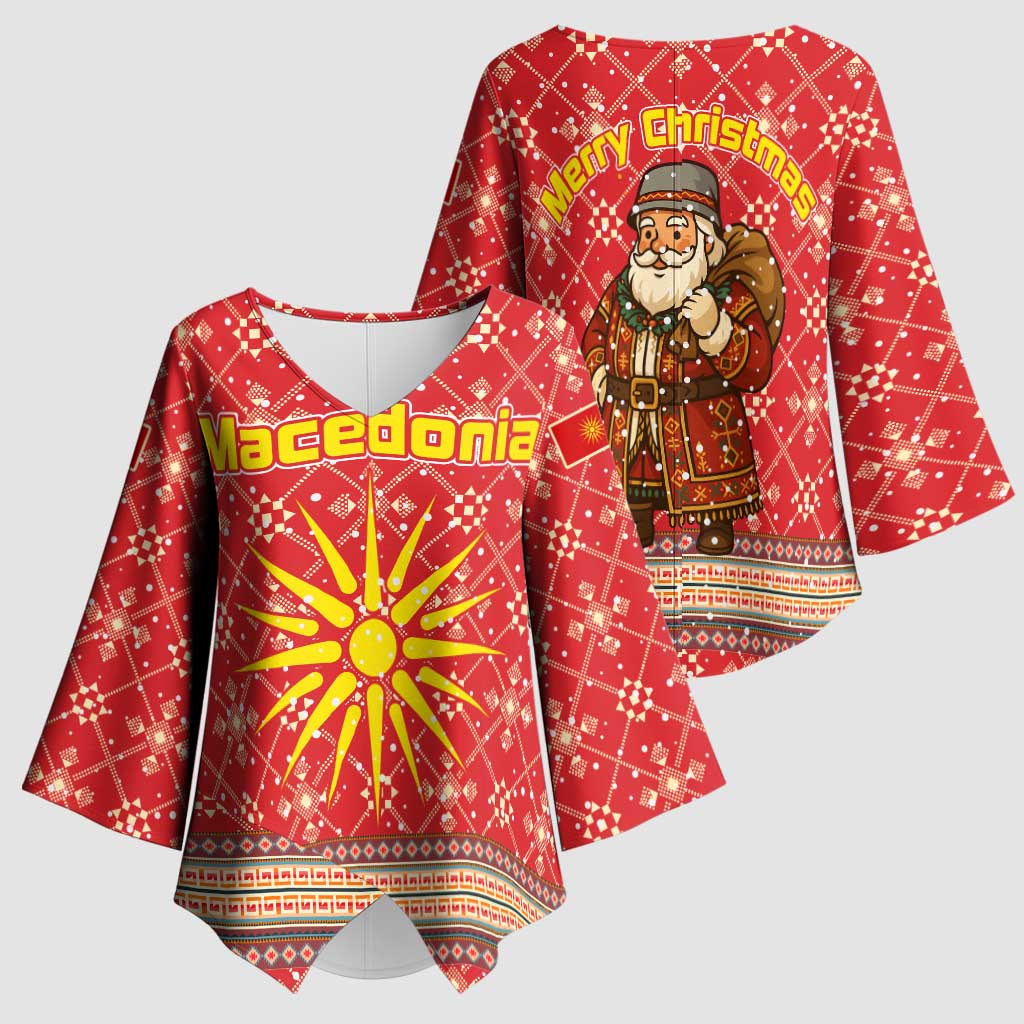 Macedonia Christmas Kimono Sleeve Blouse with Traditional Santa and Yellow Sun Motif - Wonder Print Shop