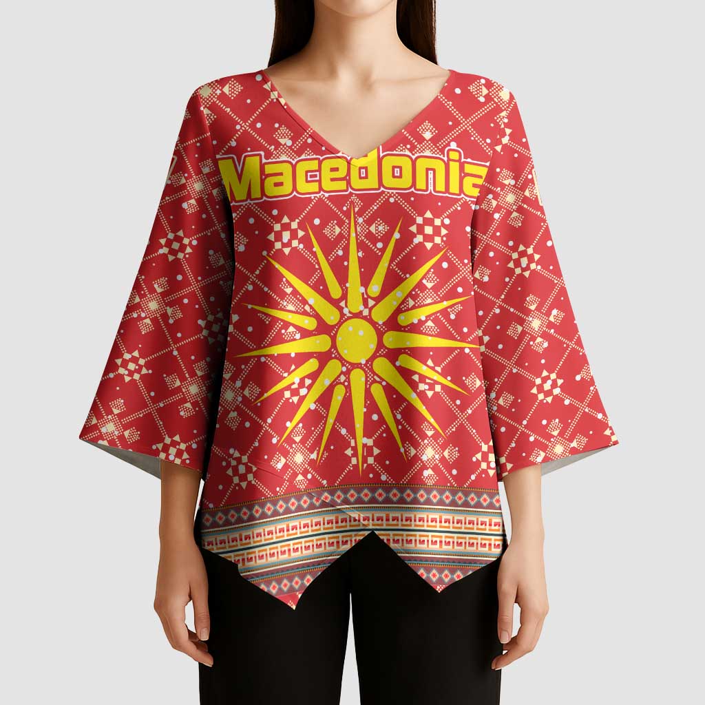 Macedonia Christmas Kimono Sleeve Blouse with Traditional Santa and Yellow Sun Motif - Wonder Print Shop