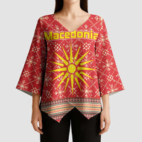 Macedonia Christmas Kimono Sleeve Blouse with Traditional Santa and Yellow Sun Motif - Wonder Print Shop