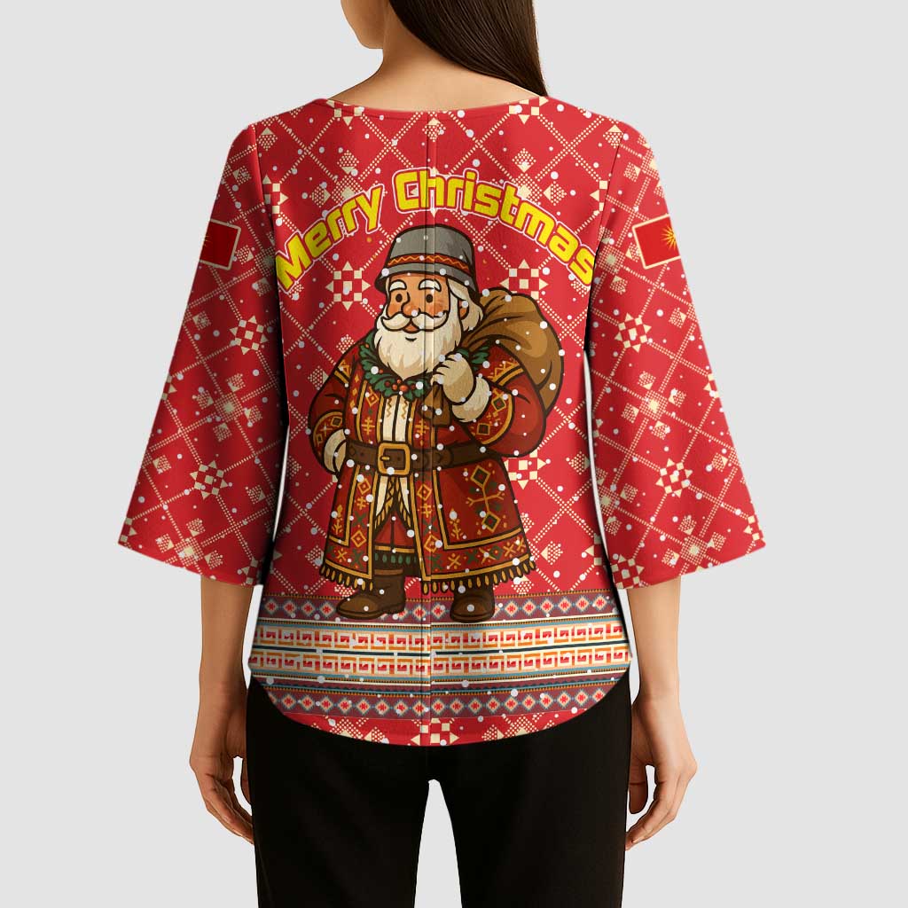 Macedonia Christmas Kimono Sleeve Blouse with Traditional Santa and Yellow Sun Motif - Wonder Print Shop