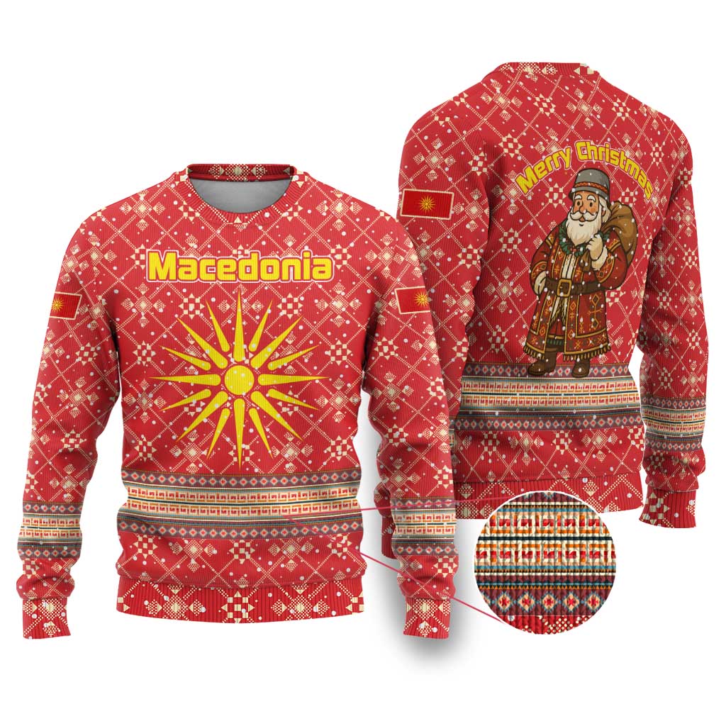 Macedonia Christmas Ugly Christmas Sweater with Traditional Santa and Yellow Sun Motif - Wonder Print Shop