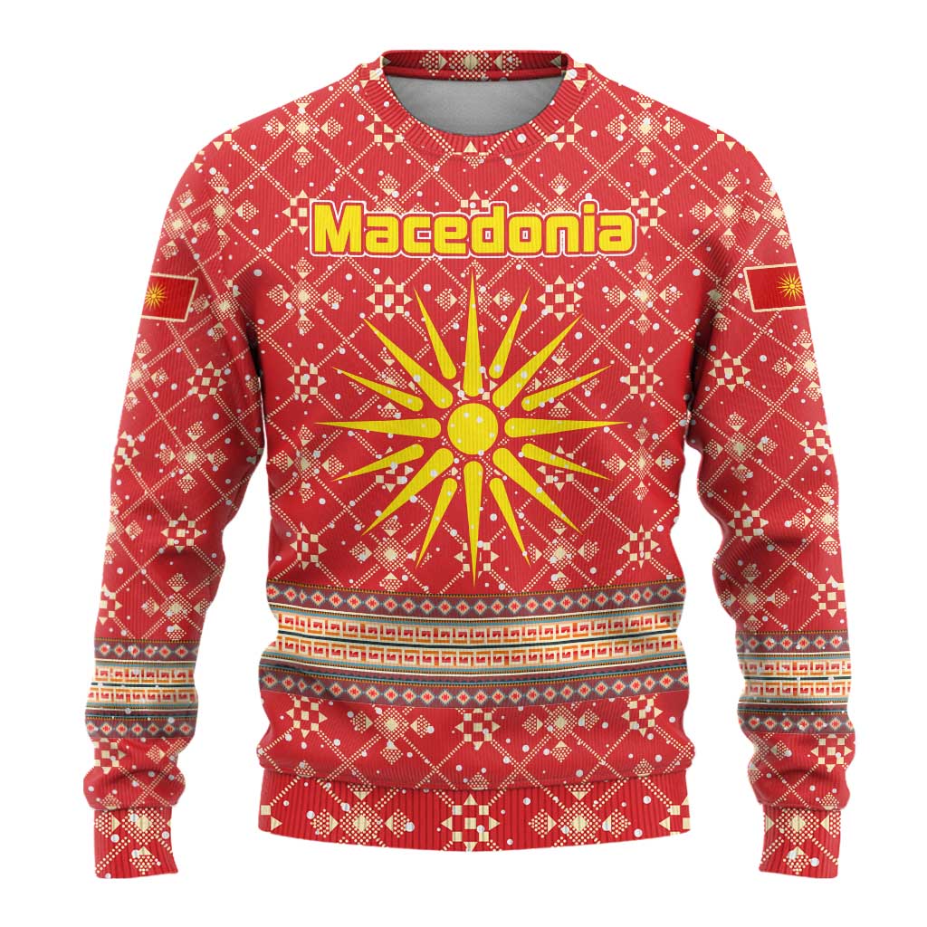 Macedonia Christmas Ugly Christmas Sweater with Traditional Santa and Yellow Sun Motif - Wonder Print Shop