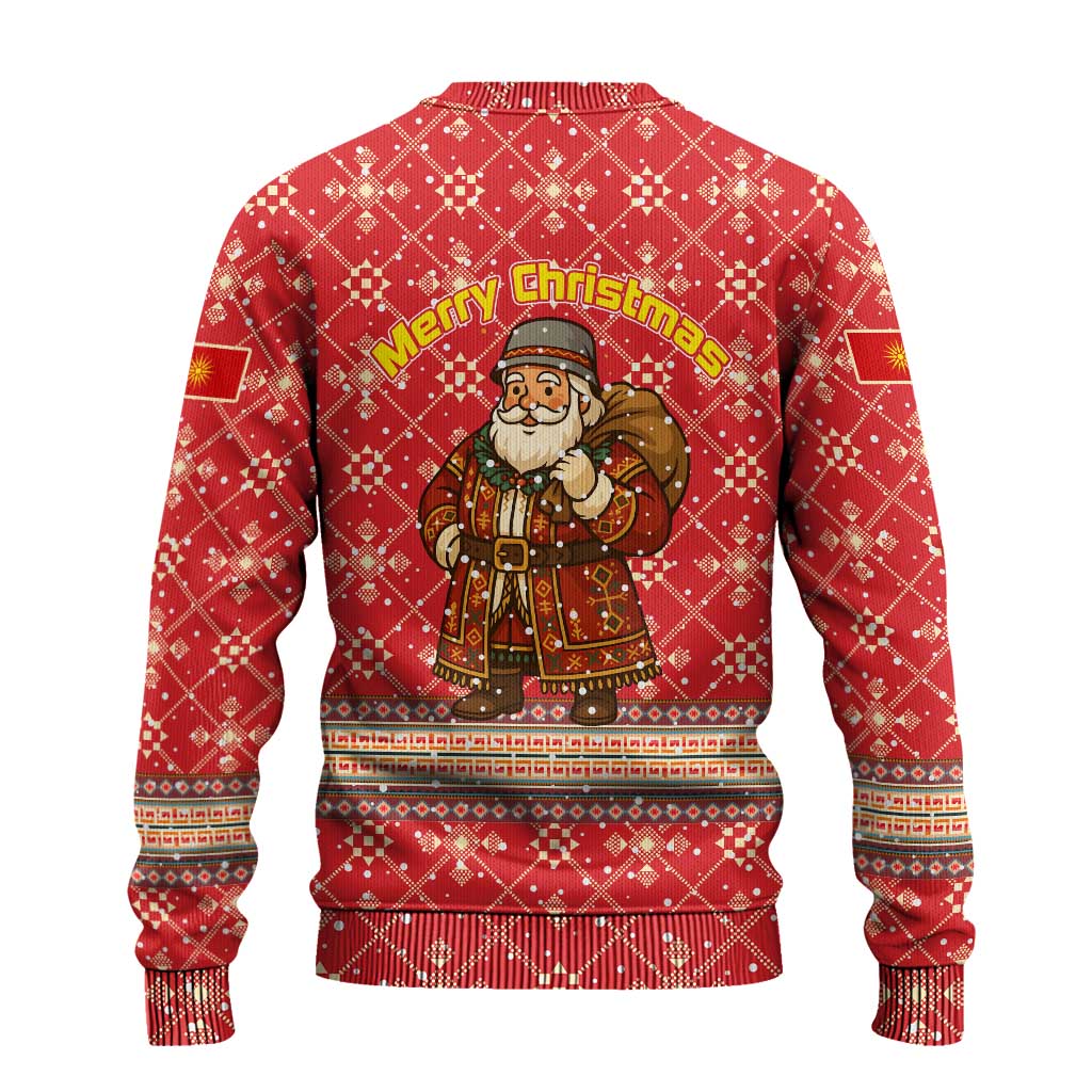 Macedonia Christmas Ugly Christmas Sweater with Traditional Santa and Yellow Sun Motif - Wonder Print Shop