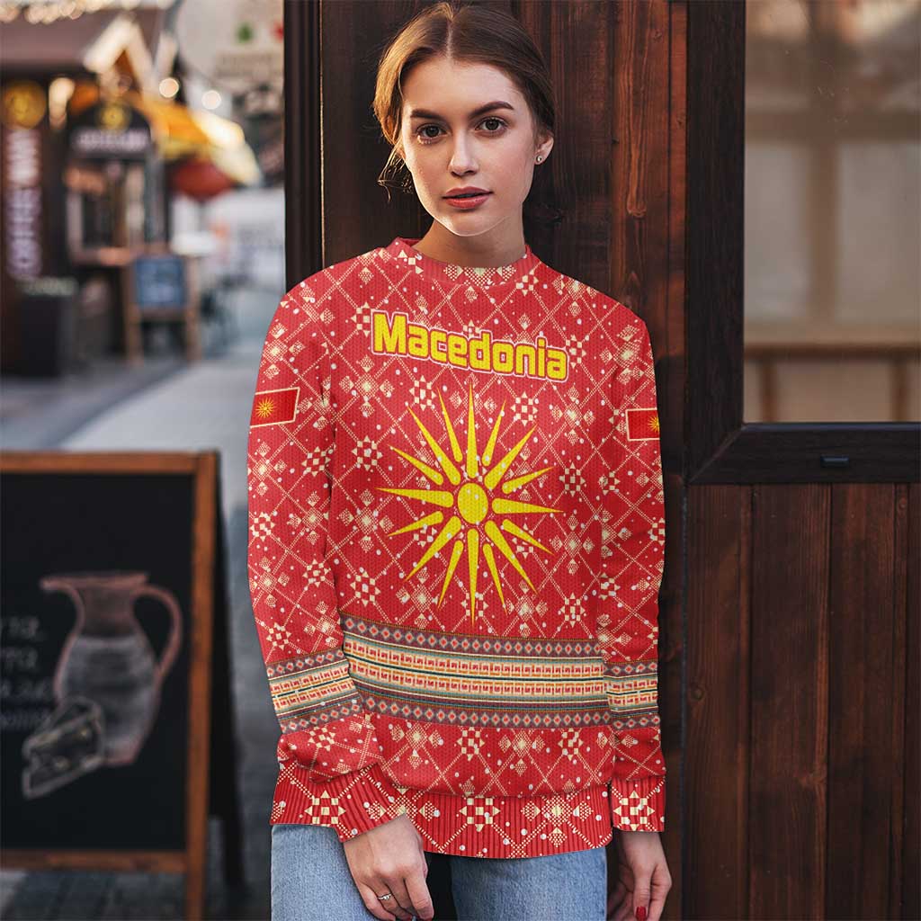 Macedonia Christmas Ugly Christmas Sweater with Traditional Santa and Yellow Sun Motif - Wonder Print Shop