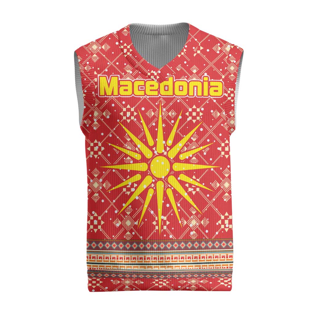 Macedonia Christmas Knitted V-Neck Vest with Traditional Santa and Yellow Sun Motif - Wonder Print Shop