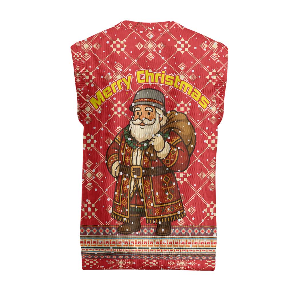 Macedonia Christmas Knitted V-Neck Vest with Traditional Santa and Yellow Sun Motif - Wonder Print Shop