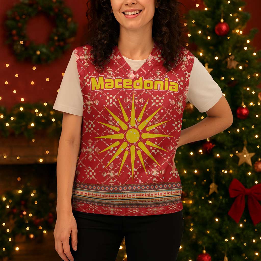 Macedonia Christmas Knitted V-Neck Vest with Traditional Santa and Yellow Sun Motif - Wonder Print Shop