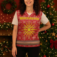 Macedonia Christmas Knitted V-Neck Vest with Traditional Santa and Yellow Sun Motif - Wonder Print Shop