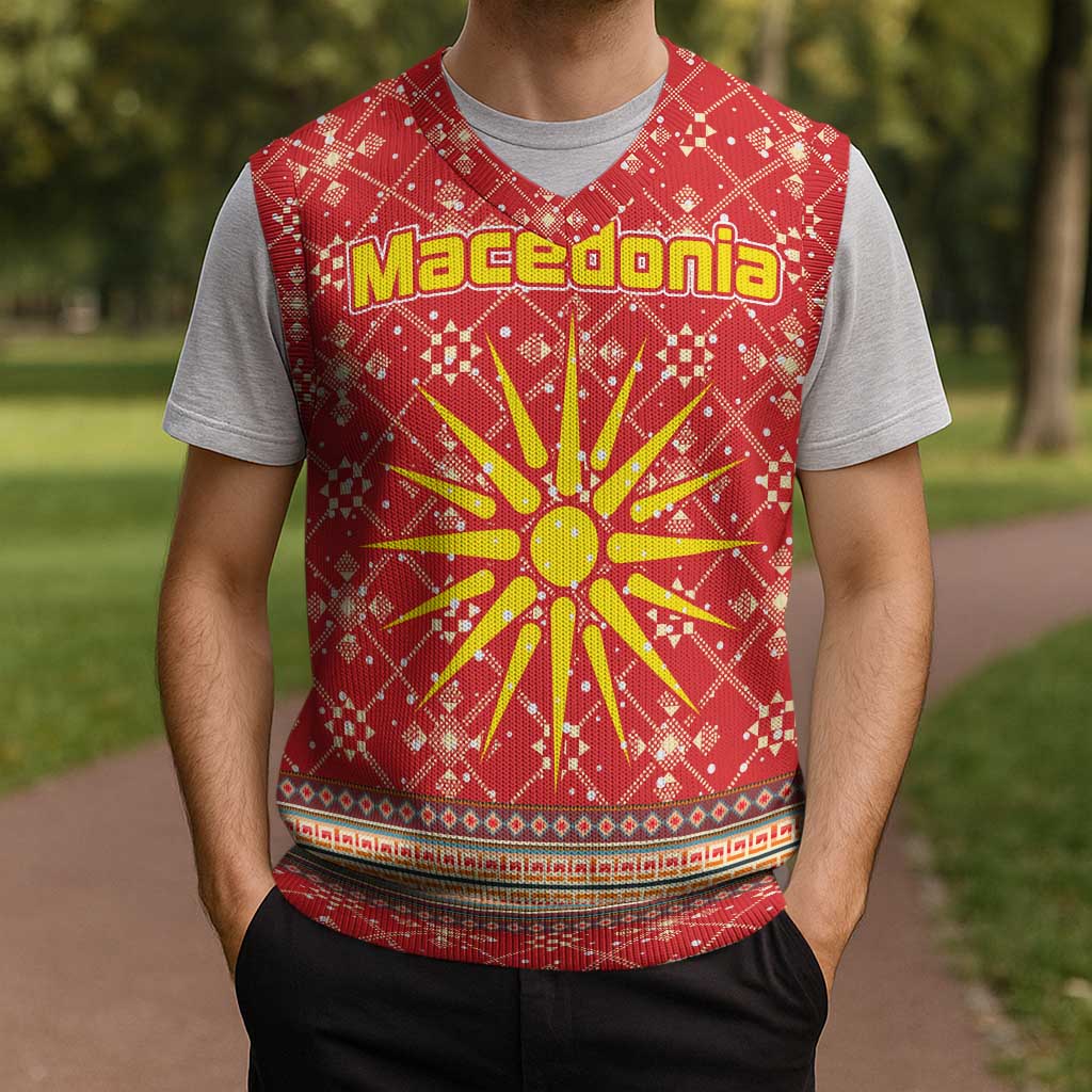Macedonia Christmas Knitted V-Neck Vest with Traditional Santa and Yellow Sun Motif - Wonder Print Shop