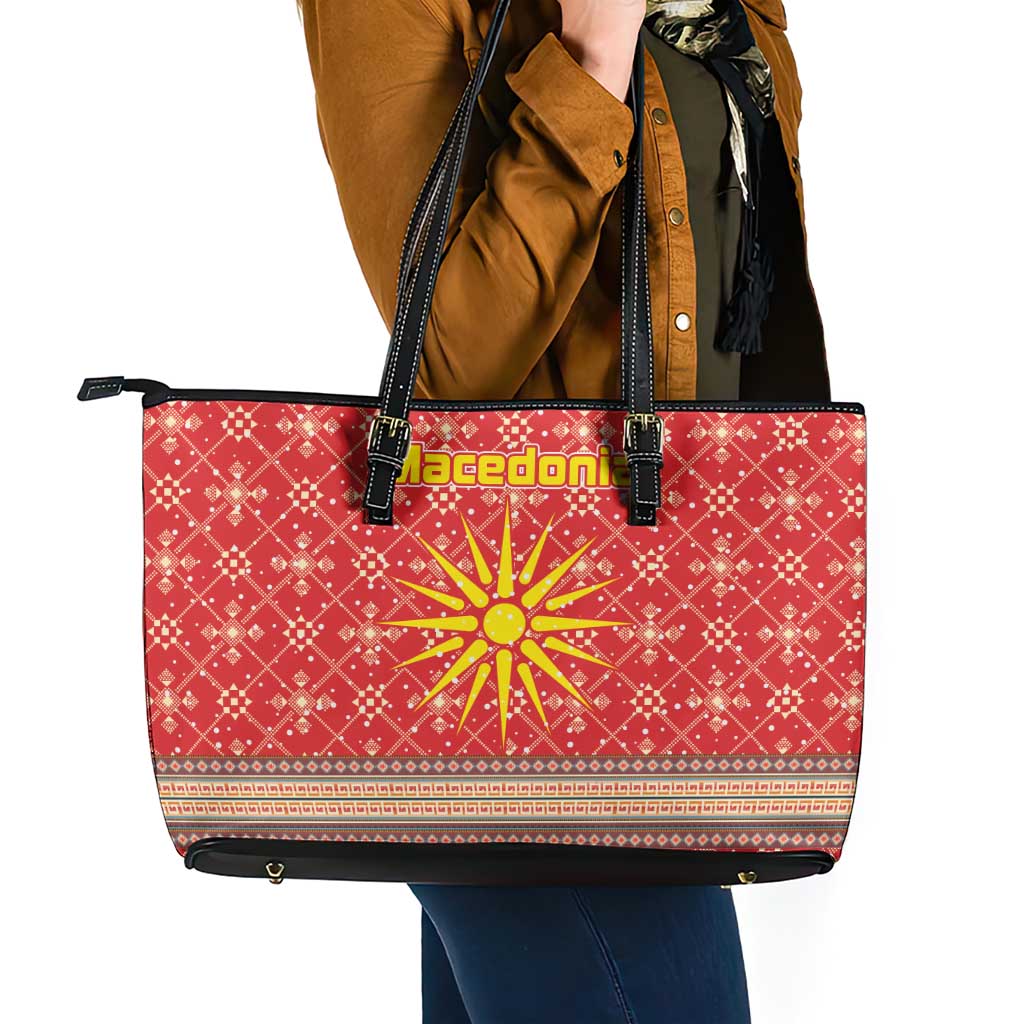 Macedonia Christmas Leather Tote Bag with Traditional Santa and Yellow Sun Motif - Wonder Print Shop