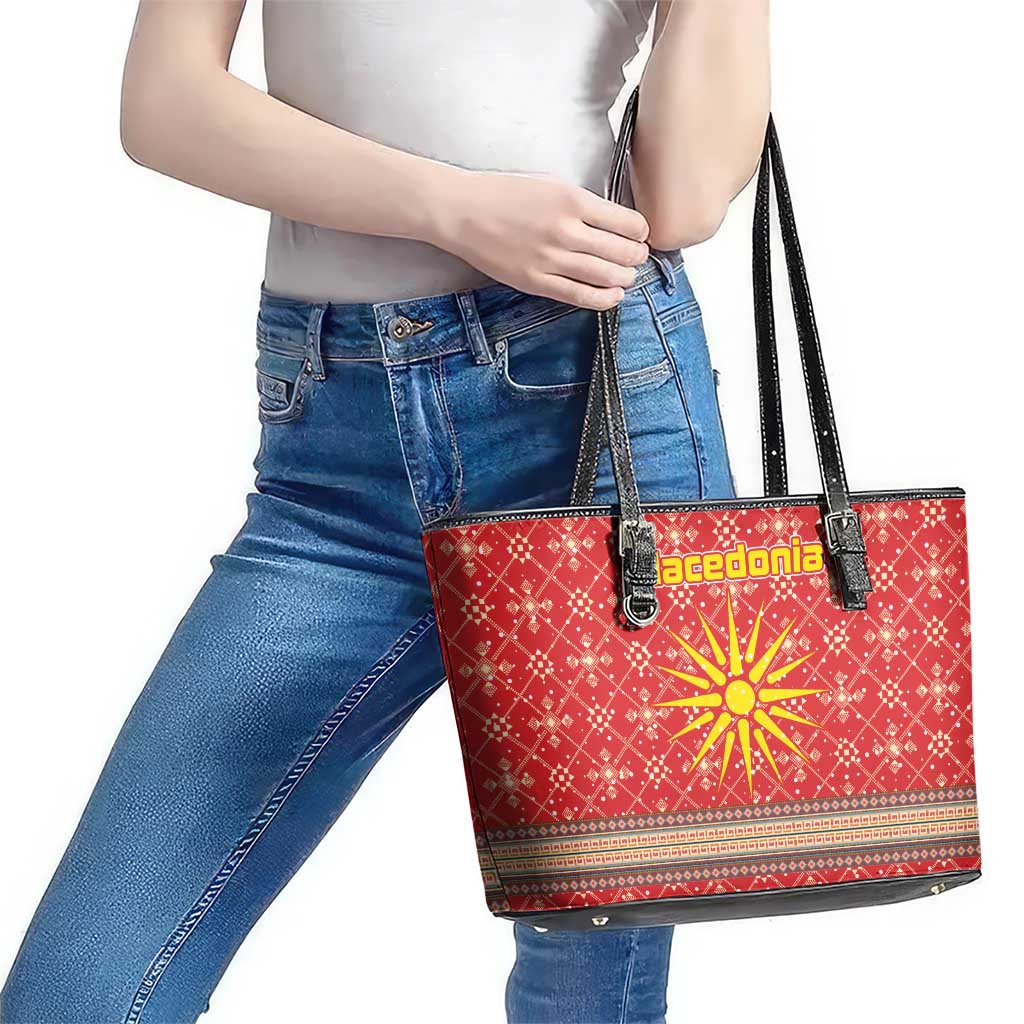Macedonia Christmas Leather Tote Bag with Traditional Santa and Yellow Sun Motif - Wonder Print Shop