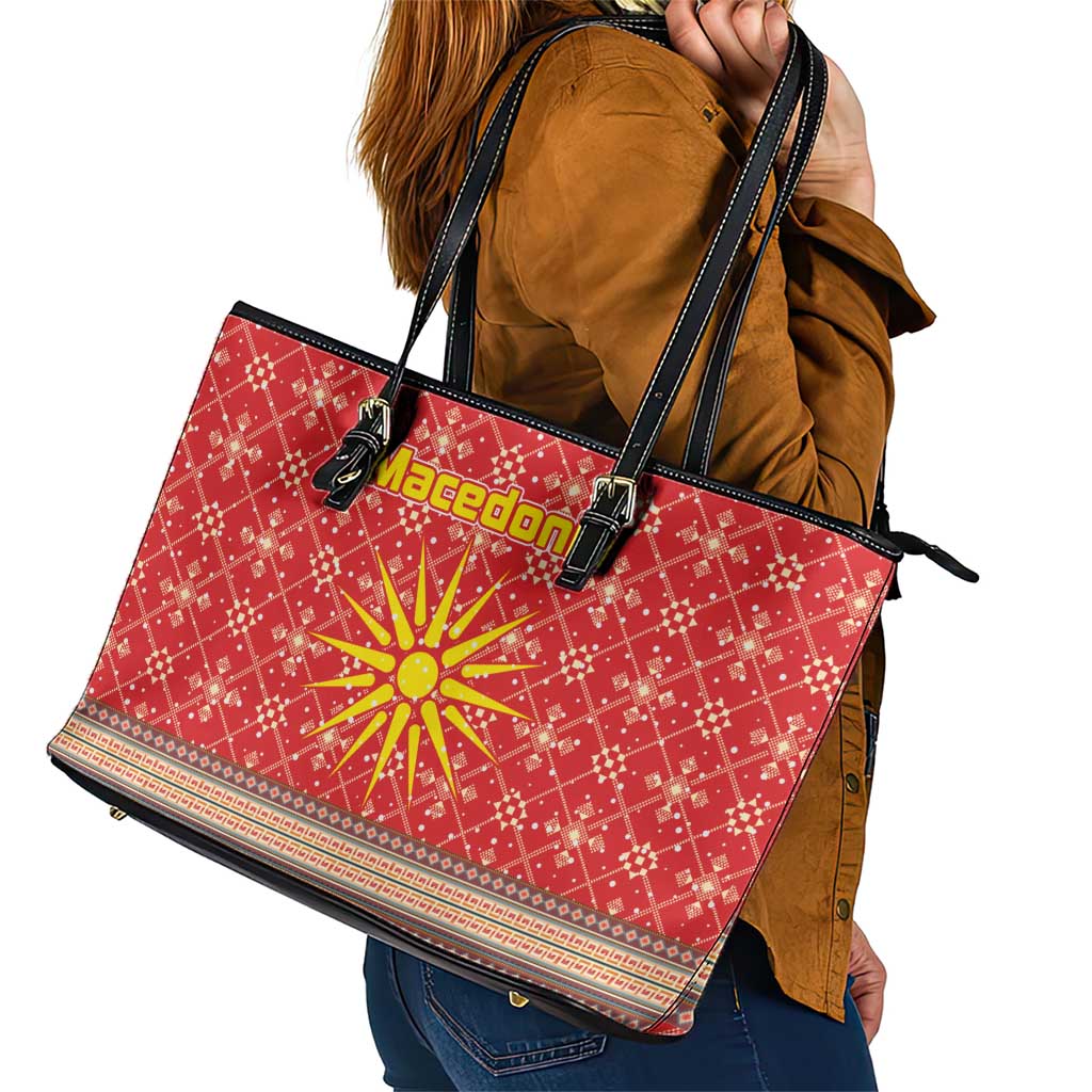 Macedonia Christmas Leather Tote Bag with Traditional Santa and Yellow Sun Motif - Wonder Print Shop