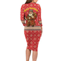 Macedonia Christmas Long Sleeve Bodycon Dress with Traditional Santa and Yellow Sun Motif - Wonder Print Shop