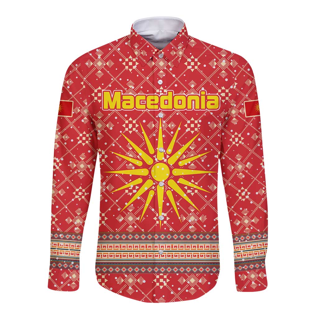 Macedonia Christmas Long Sleeve Button Shirt with Traditional Santa and Yellow Sun Motif - Wonder Print Shop