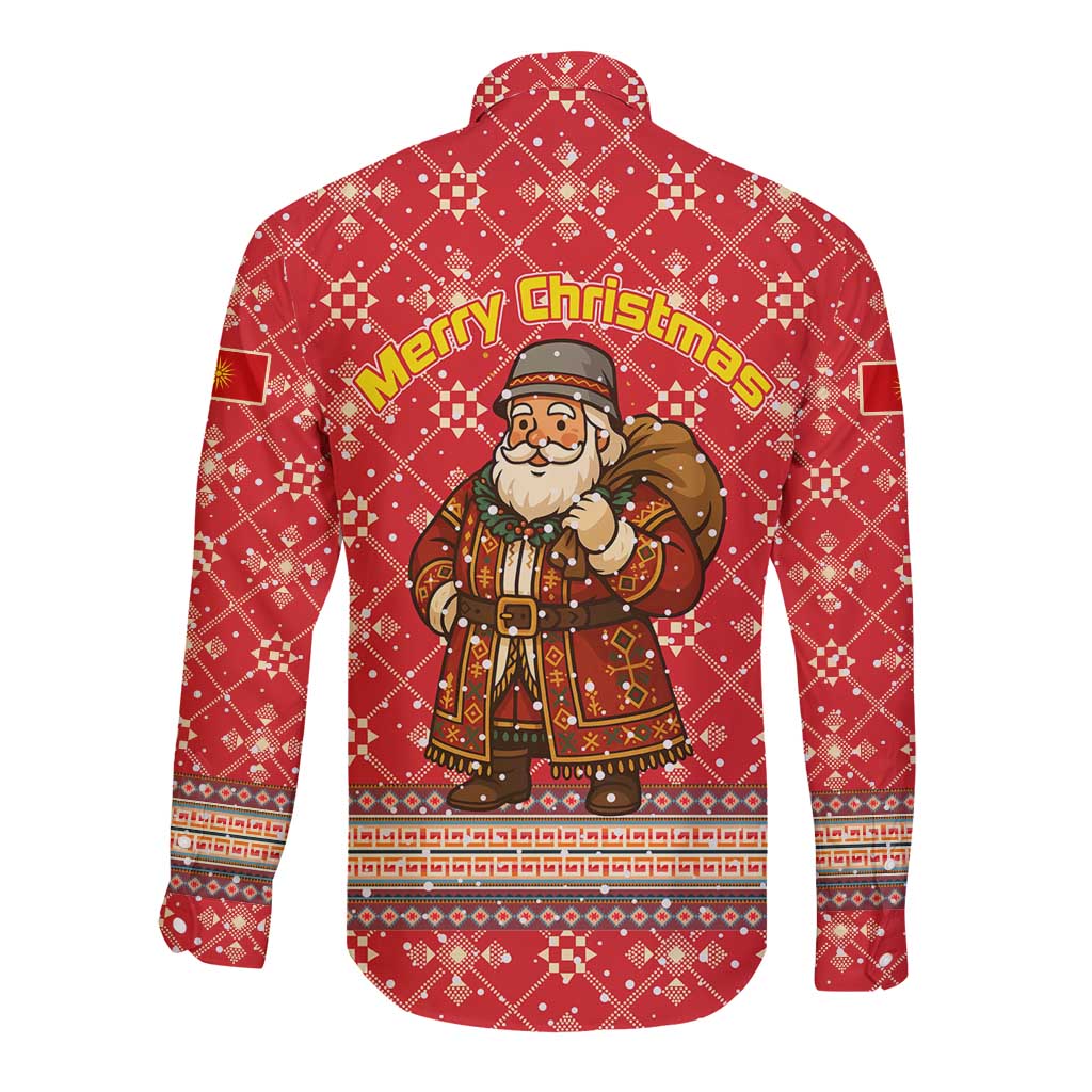 Macedonia Christmas Long Sleeve Button Shirt with Traditional Santa and Yellow Sun Motif - Wonder Print Shop