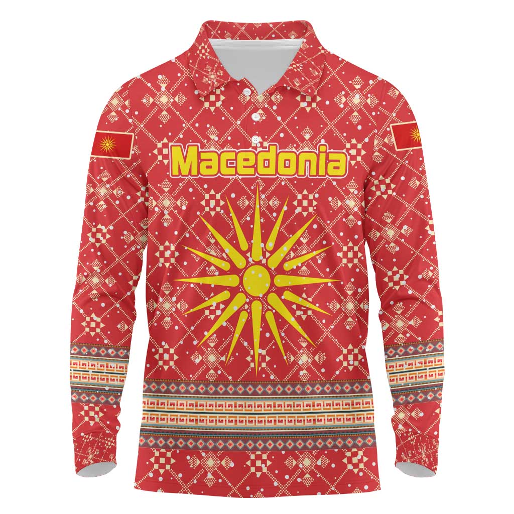 Macedonia Christmas Long Sleeve Polo Shirt with Traditional Santa and Yellow Sun Motif - Wonder Print Shop