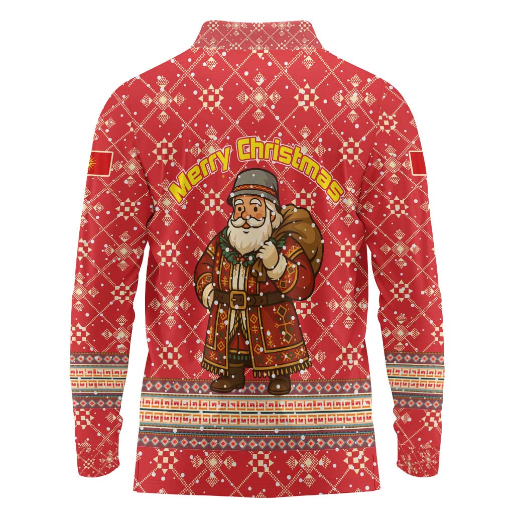 Macedonia Christmas Long Sleeve Polo Shirt with Traditional Santa and Yellow Sun Motif - Wonder Print Shop