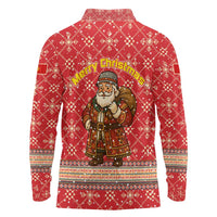 Macedonia Christmas Long Sleeve Polo Shirt with Traditional Santa and Yellow Sun Motif - Wonder Print Shop