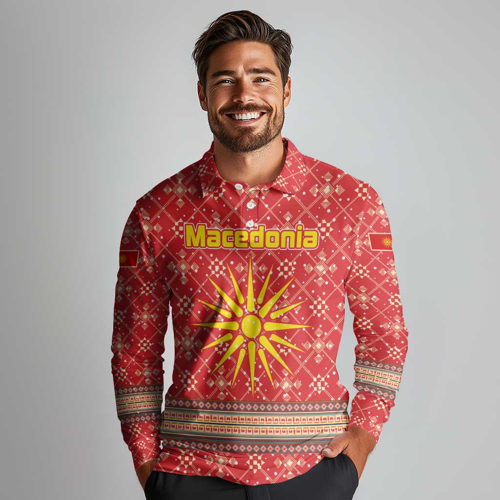 Macedonia Christmas Long Sleeve Polo Shirt with Traditional Santa and Yellow Sun Motif - Wonder Print Shop