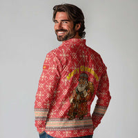 Macedonia Christmas Long Sleeve Polo Shirt with Traditional Santa and Yellow Sun Motif - Wonder Print Shop