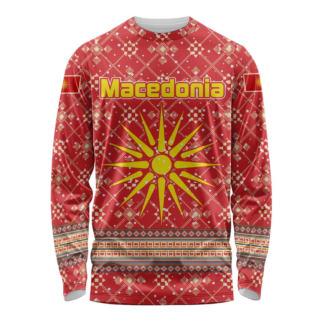 Macedonia Christmas Long Sleeve Shirt with Traditional Santa and Yellow Sun Motif - Wonder Print Shop