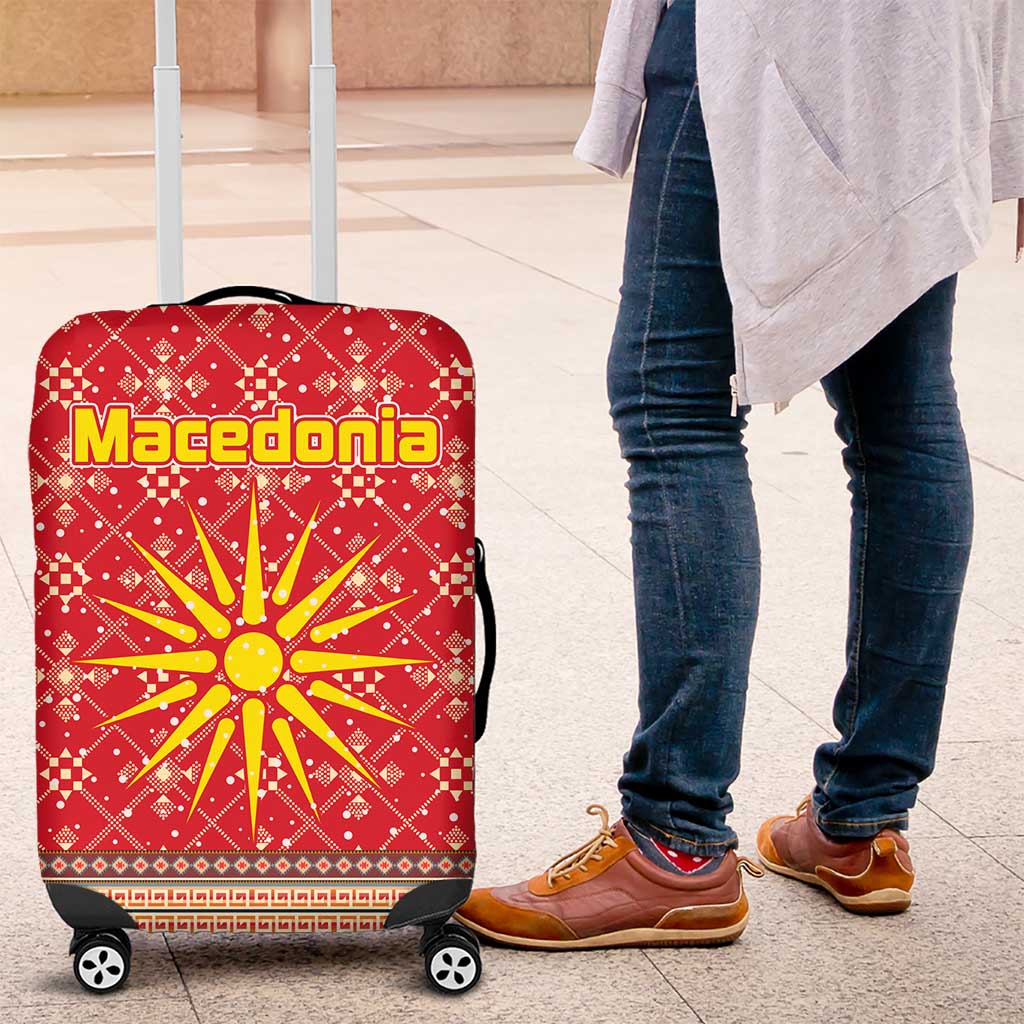 Macedonia Christmas Luggage Cover with Traditional Santa and Yellow Sun Motif - Wonder Print Shop