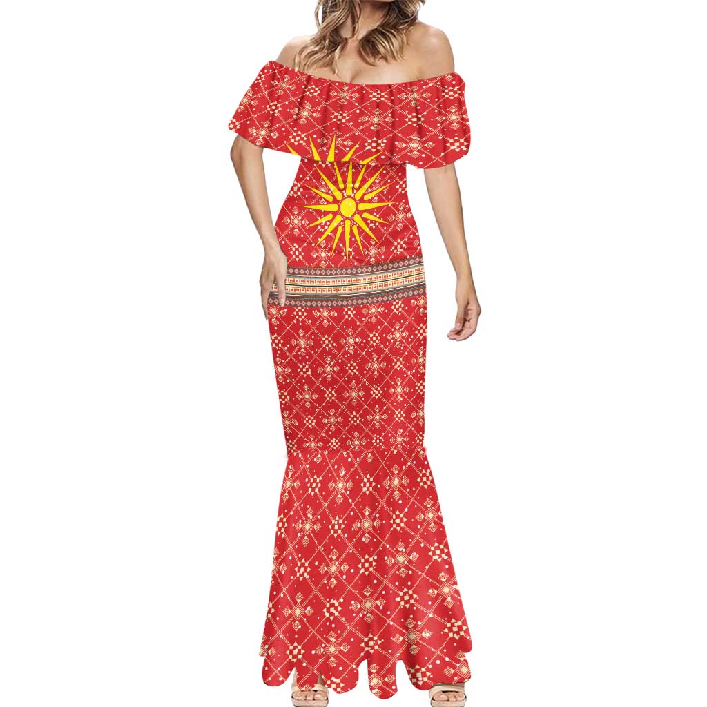 Macedonia Christmas Mermaid Dress with Traditional Santa and Yellow Sun Motif - Wonder Print Shop