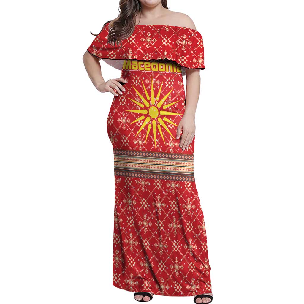 Macedonia Christmas Off Shoulder Maxi Dress with Traditional Santa and Yellow Sun Motif - Wonder Print Shop