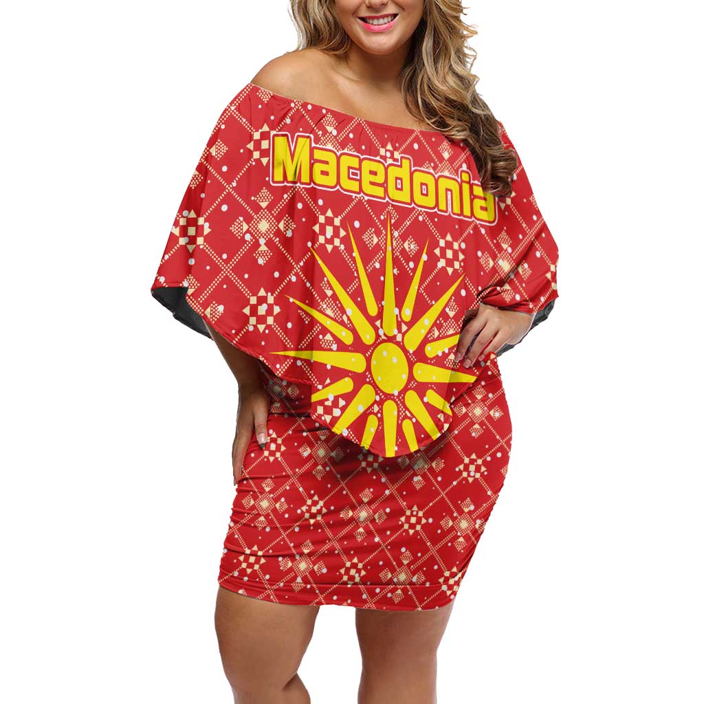 Macedonia Christmas Off Shoulder Short Dress with Traditional Santa and Yellow Sun Motif - Wonder Print Shop