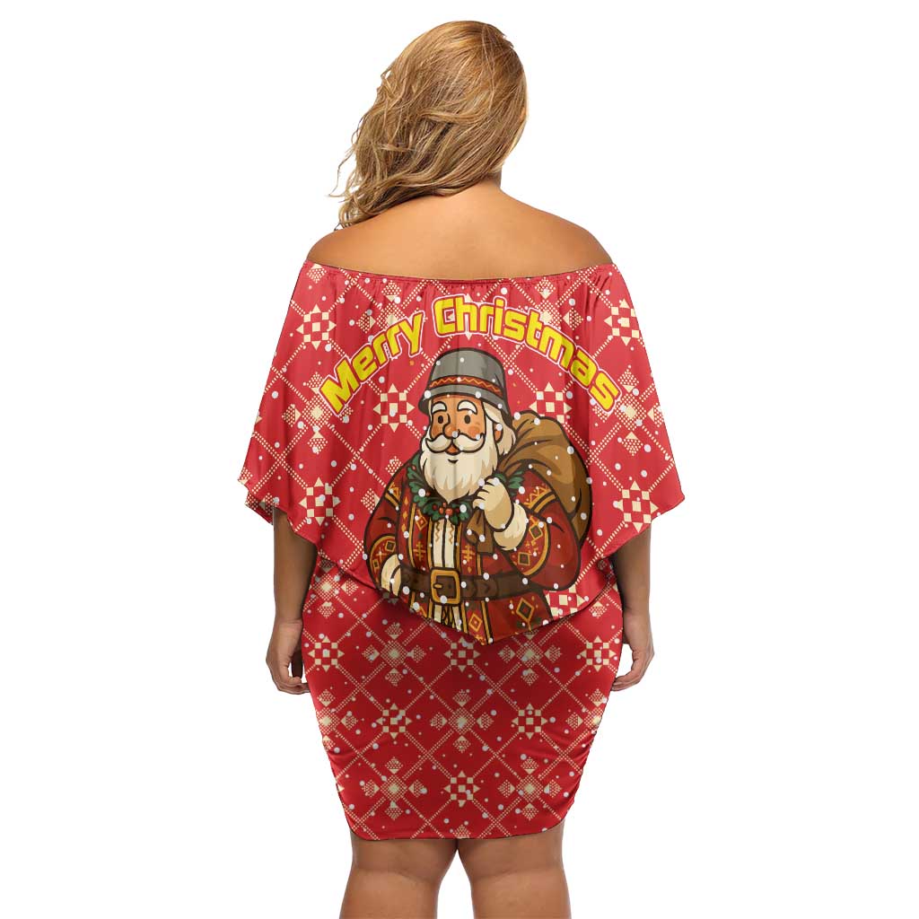 Macedonia Christmas Off Shoulder Short Dress with Traditional Santa and Yellow Sun Motif - Wonder Print Shop