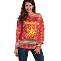 Macedonia Christmas Off Shoulder Sweater with Traditional Santa and Yellow Sun Motif - Wonder Print Shop