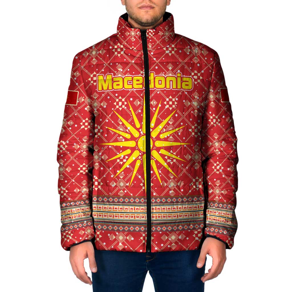 Macedonia Christmas Padded Jacket with Traditional Santa and Yellow Sun Motif - Wonder Print Shop