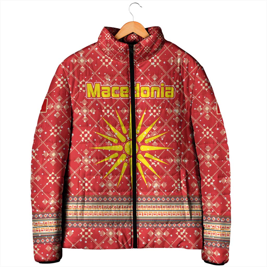 Macedonia Christmas Padded Jacket with Traditional Santa and Yellow Sun Motif - Wonder Print Shop