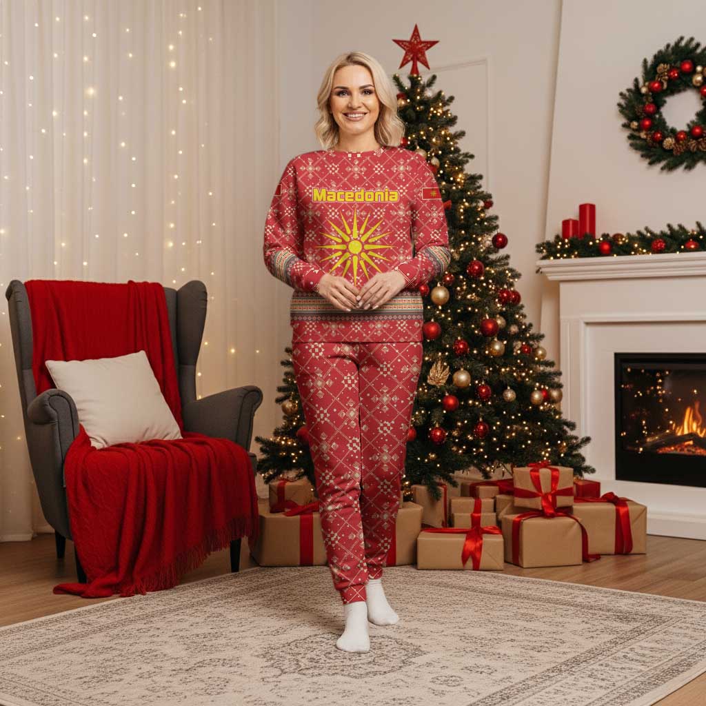 Macedonia Christmas Pajama Set with Traditional Santa and Yellow Sun Motif - Wonder Print Shop