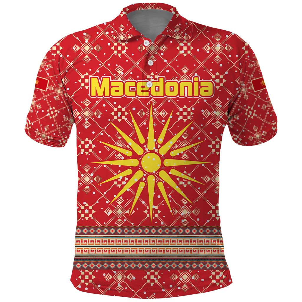 Macedonia Christmas Polo Shirt with Traditional Santa and Yellow Sun Motif - Wonder Print Shop