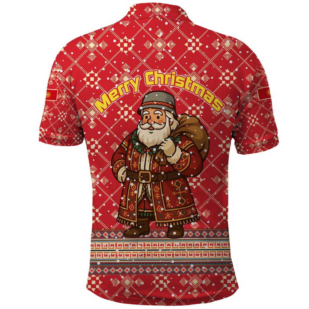 Macedonia Christmas Polo Shirt with Traditional Santa and Yellow Sun Motif - Wonder Print Shop