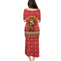 Macedonia Christmas Puletasi with Traditional Santa and Yellow Sun Motif - Wonder Print Shop