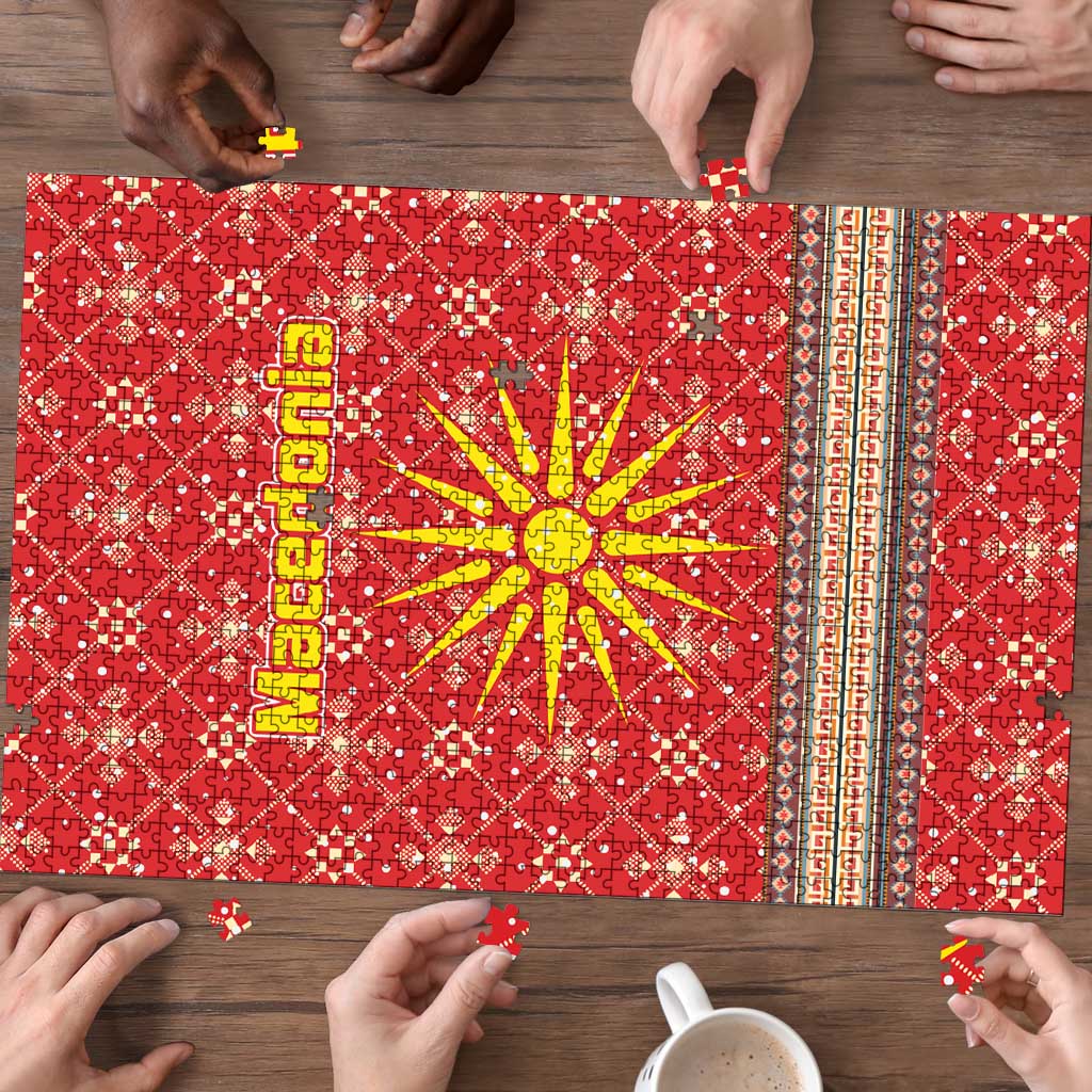 Macedonia Christmas Puzzle with Traditional Santa and Yellow Sun Motif - Wonder Print Shop