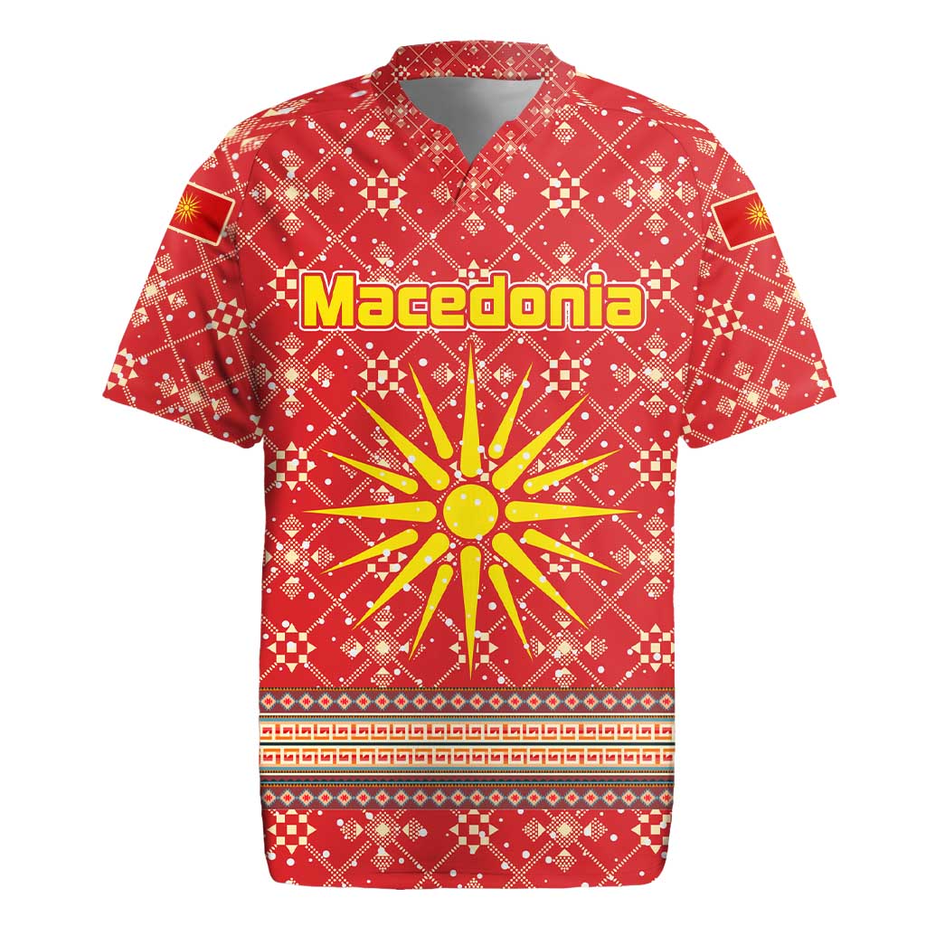 Macedonia Christmas Rugby Jersey with Traditional Santa and Yellow Sun Motif - Wonder Print Shop