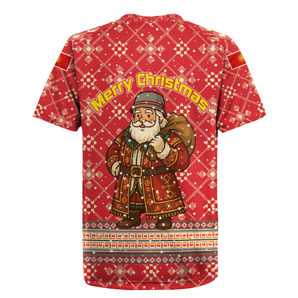 Macedonia Christmas Rugby Jersey with Traditional Santa and Yellow Sun Motif - Wonder Print Shop