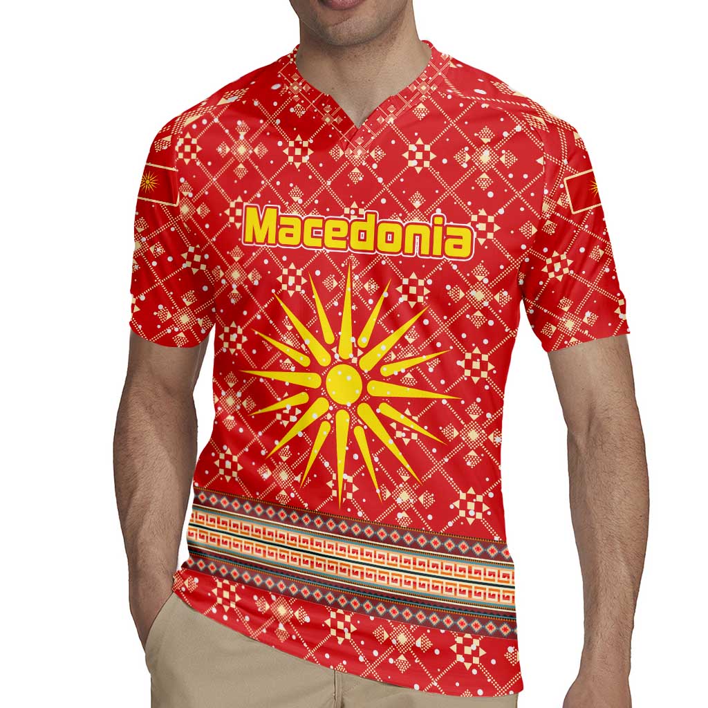 Macedonia Christmas Rugby Jersey with Traditional Santa and Yellow Sun Motif - Wonder Print Shop
